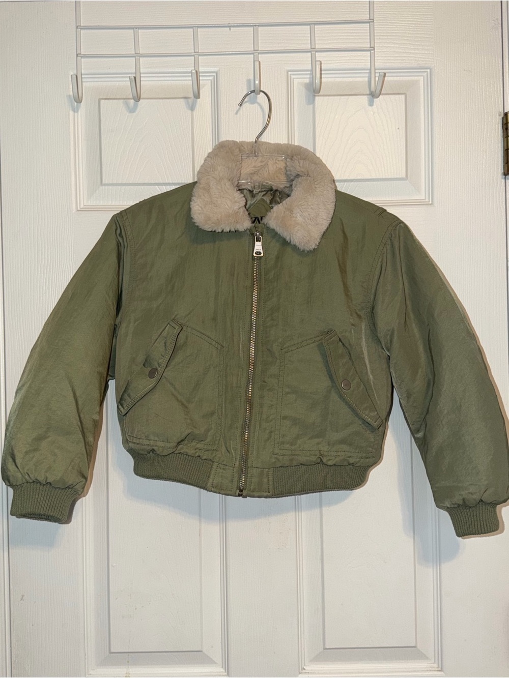 Zara Kids Olive Green Puffer Jacket with Faux Fur Collar